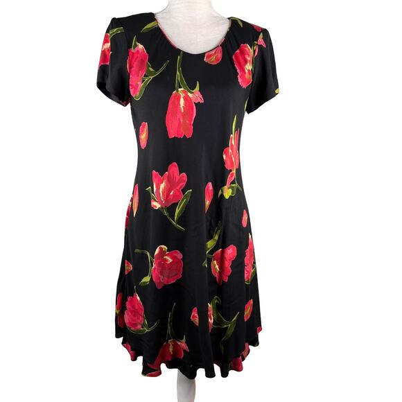 Vintage Hampton Dress Co Dress 8 Midi Black Red Tulips - Picture 5 of 12